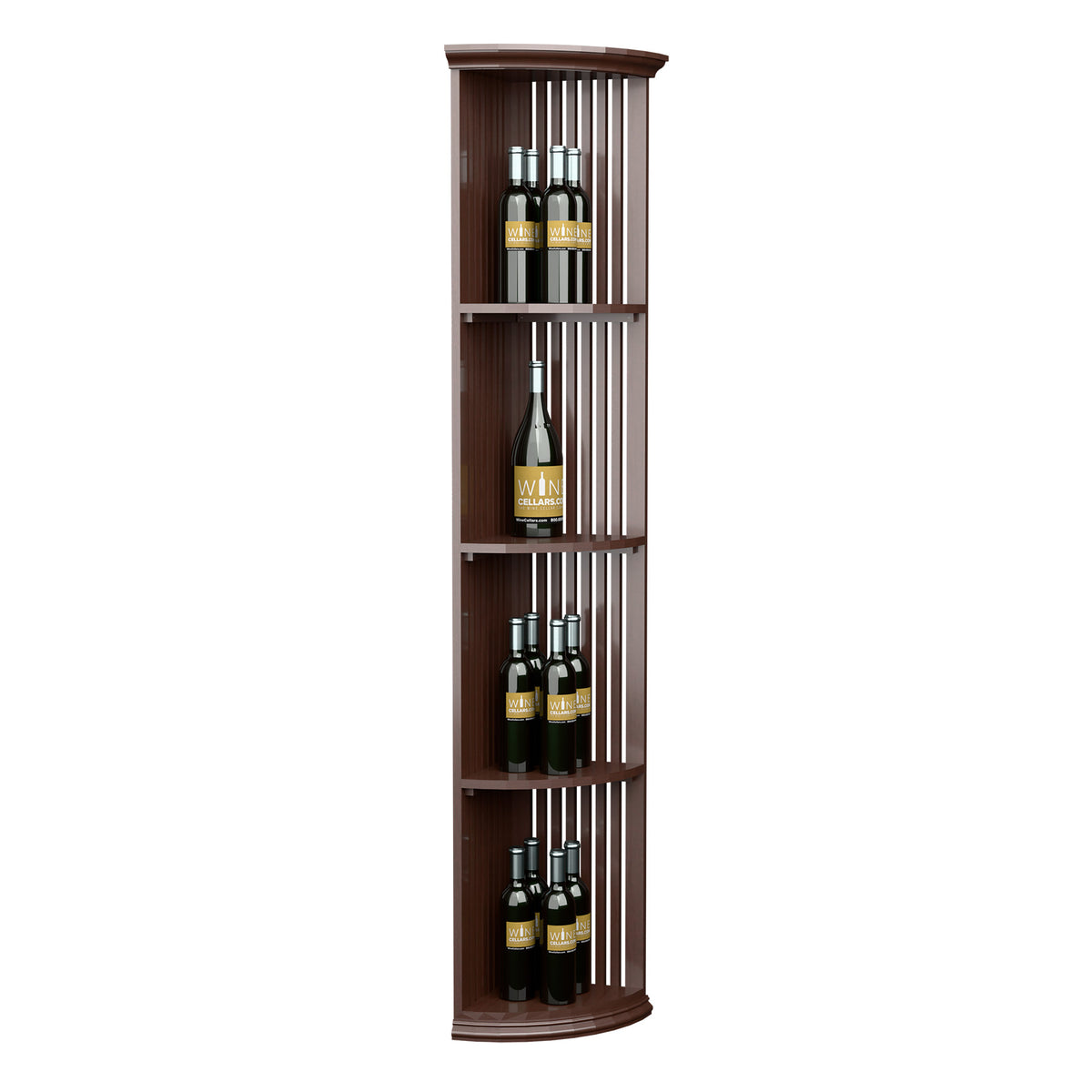 Brown lattice quarter round shelf with round base, 3 tiers of wine bottles.