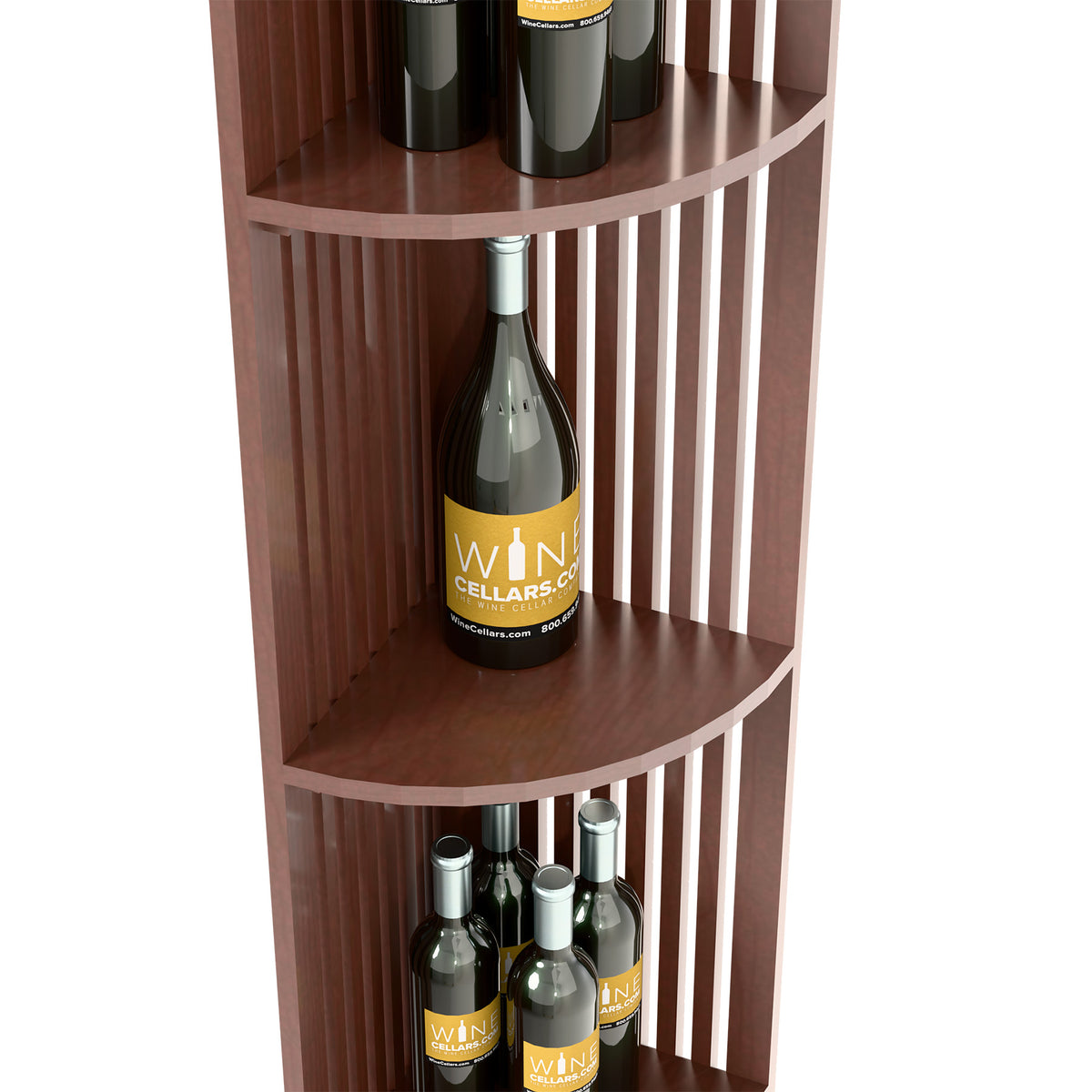 Brown lattice quarter round shelf with curved shelves holding wine bottles.