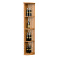 Light wood lattice quarter round shelf with round base, 3 tiers of wine bottles.