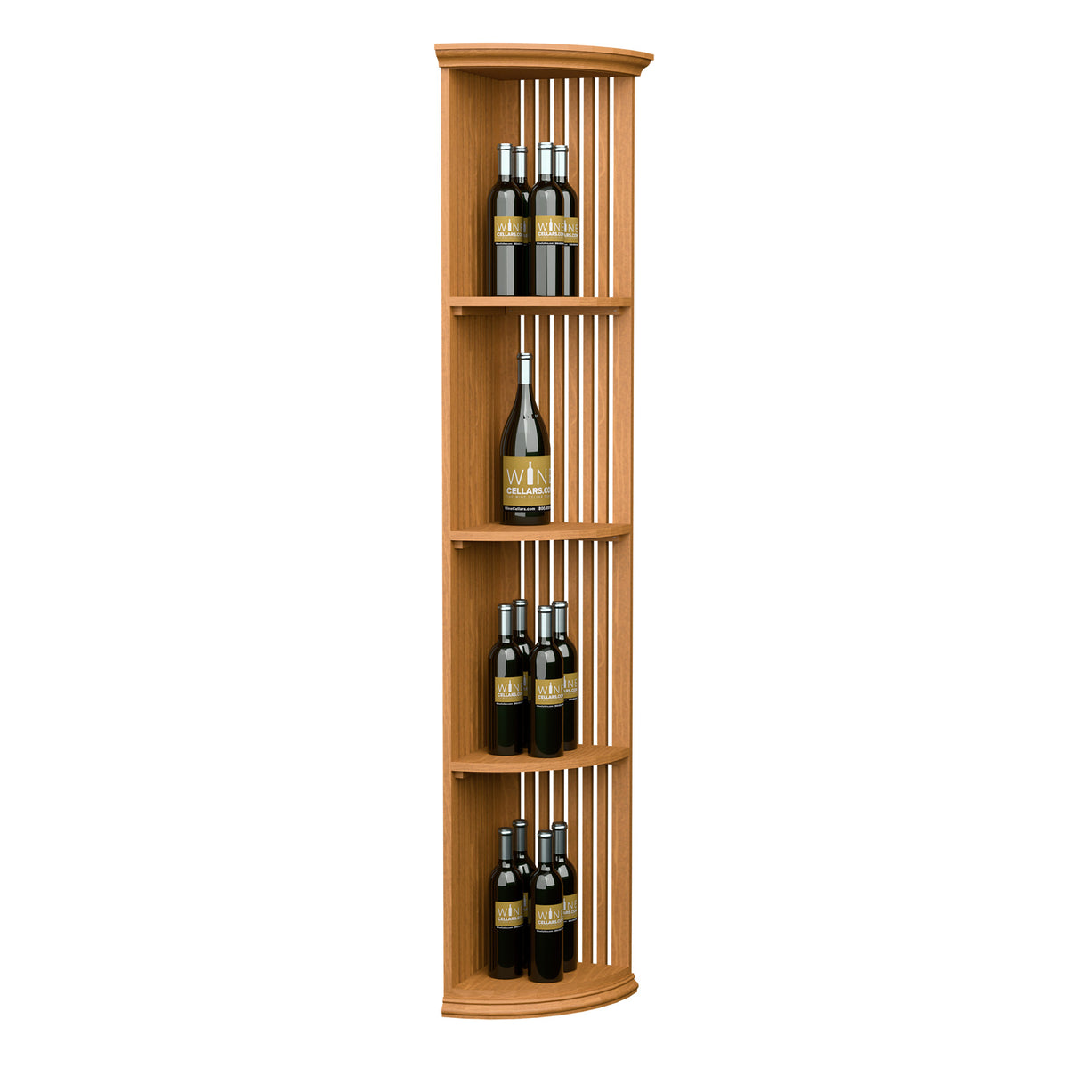 Light wood lattice quarter round shelf with round base, 3 tiers of wine bottles.
