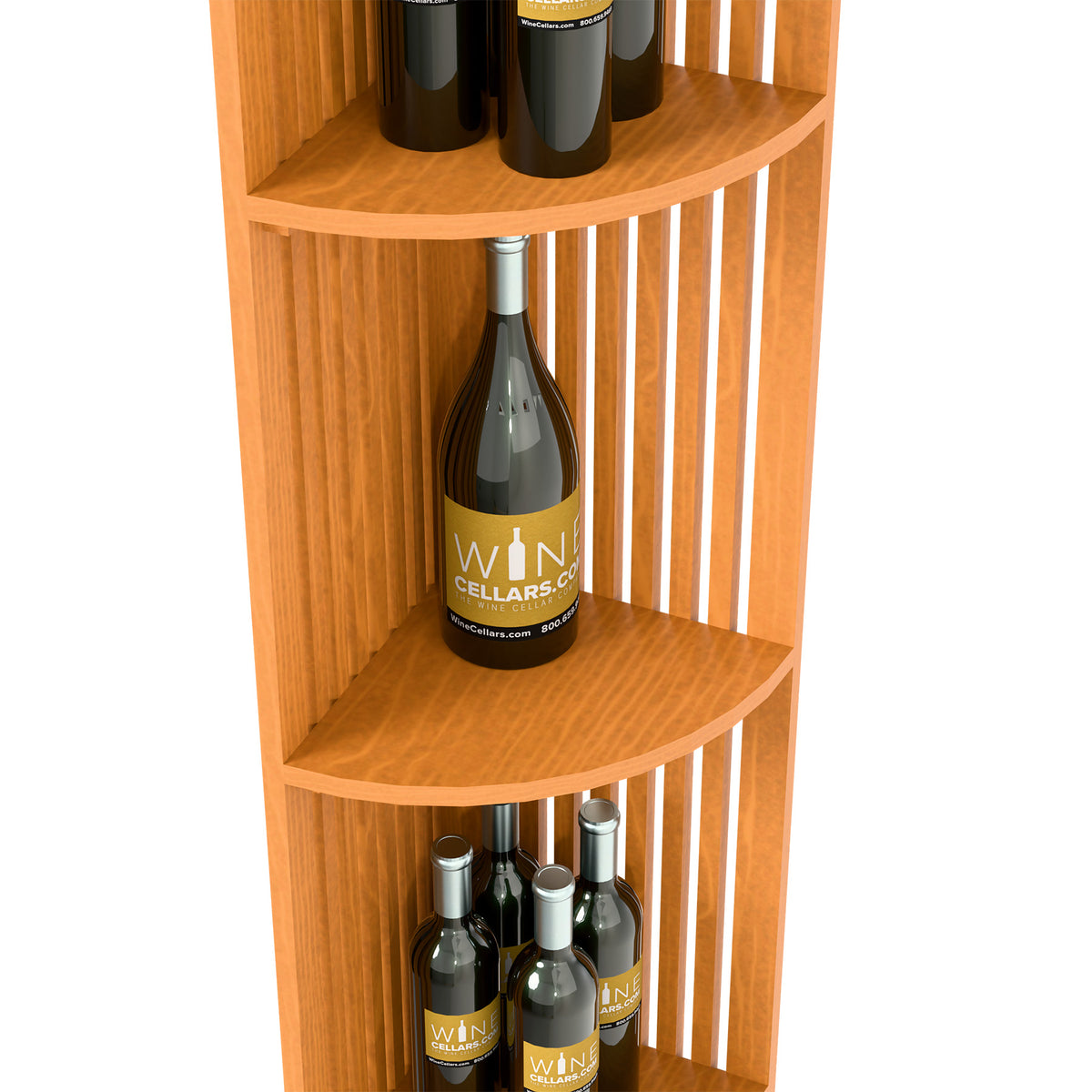 Light wood lattice quarter round shelf with curved shelves and wine bottle display.