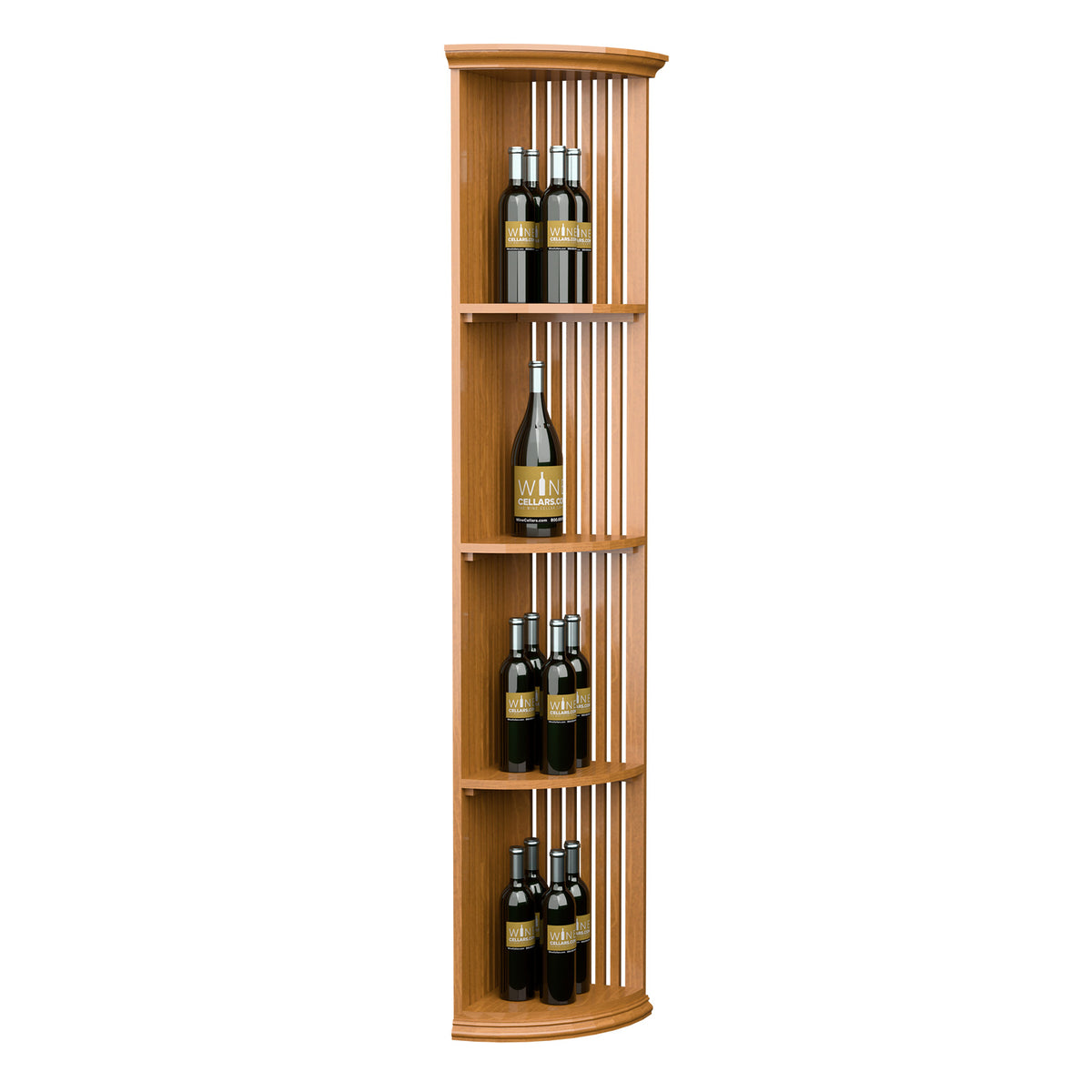 Light wood lattice quarter round shelf with round base, tall unit with 3 tiers.