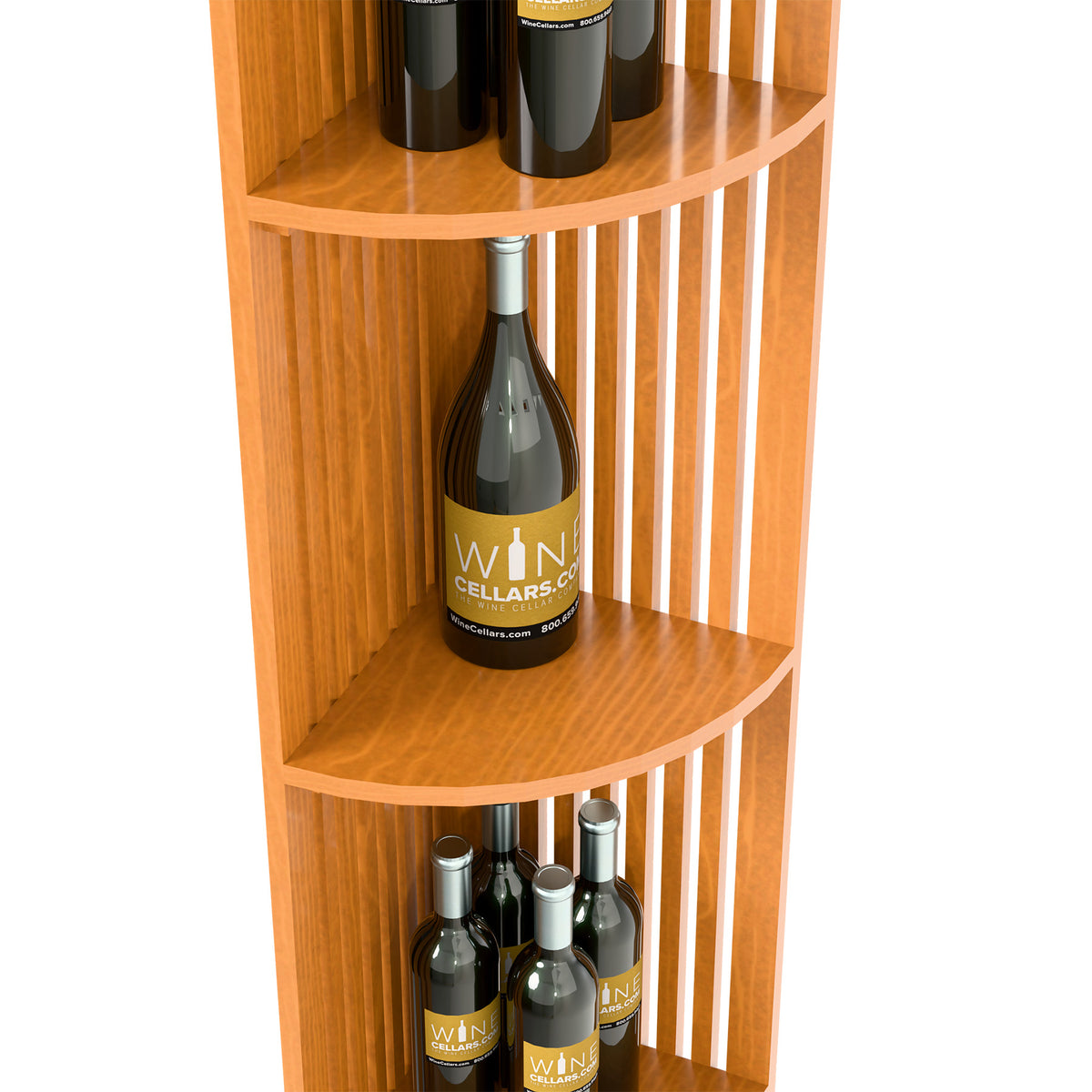 Light wood lattice quarter round shelf, top and middle curved shelves with wine bottle.