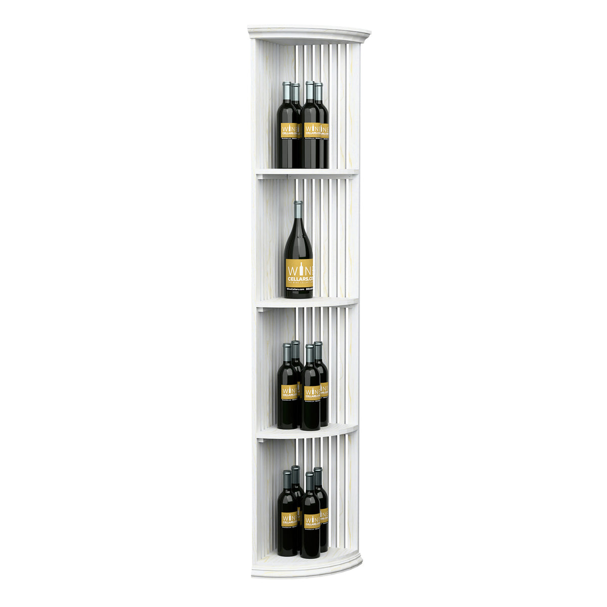 White lattice quarter round shelf with round base, 3 tiers holding wine bottles.
