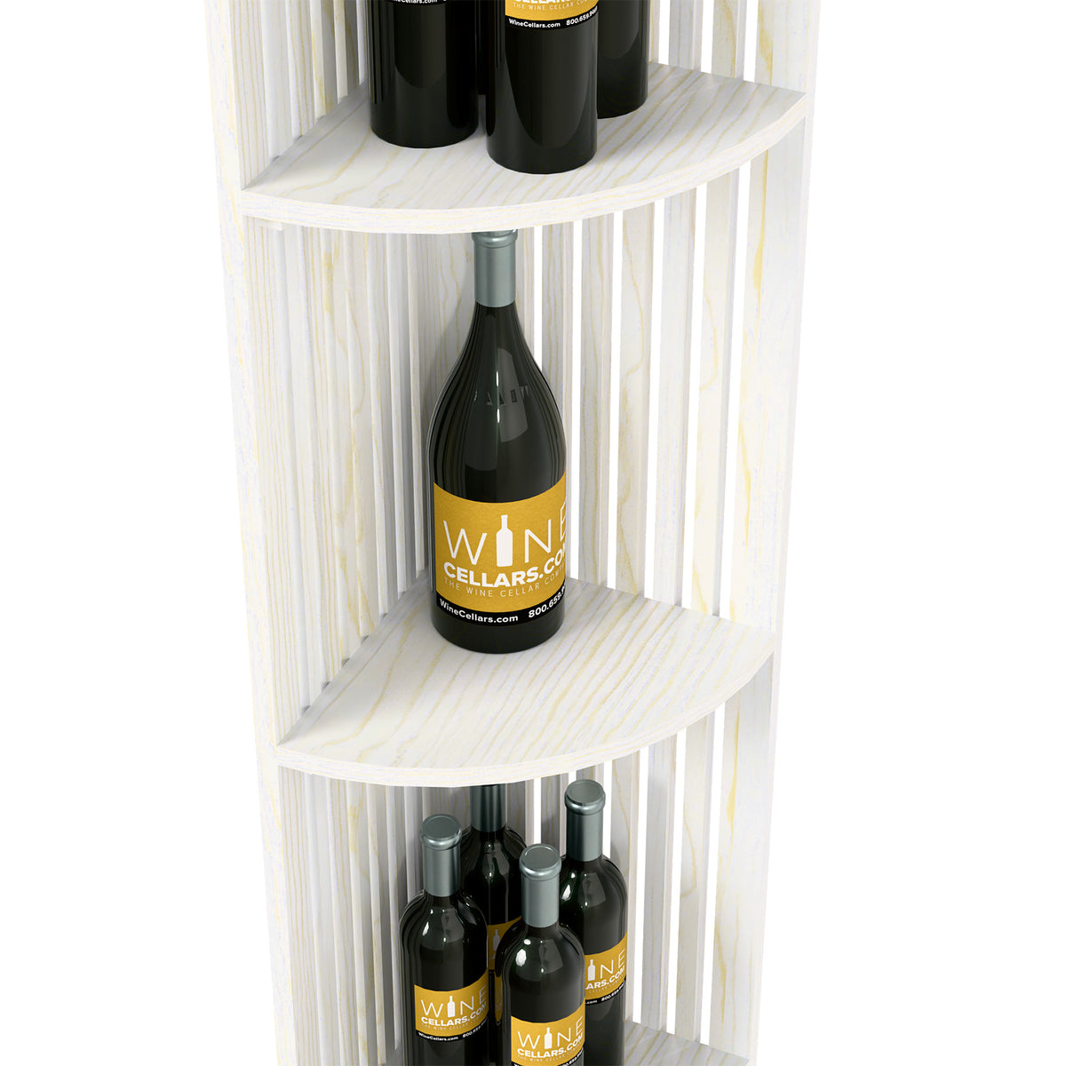 White lattice quarter round shelf with curved shelves holding wine bottle and bottles.