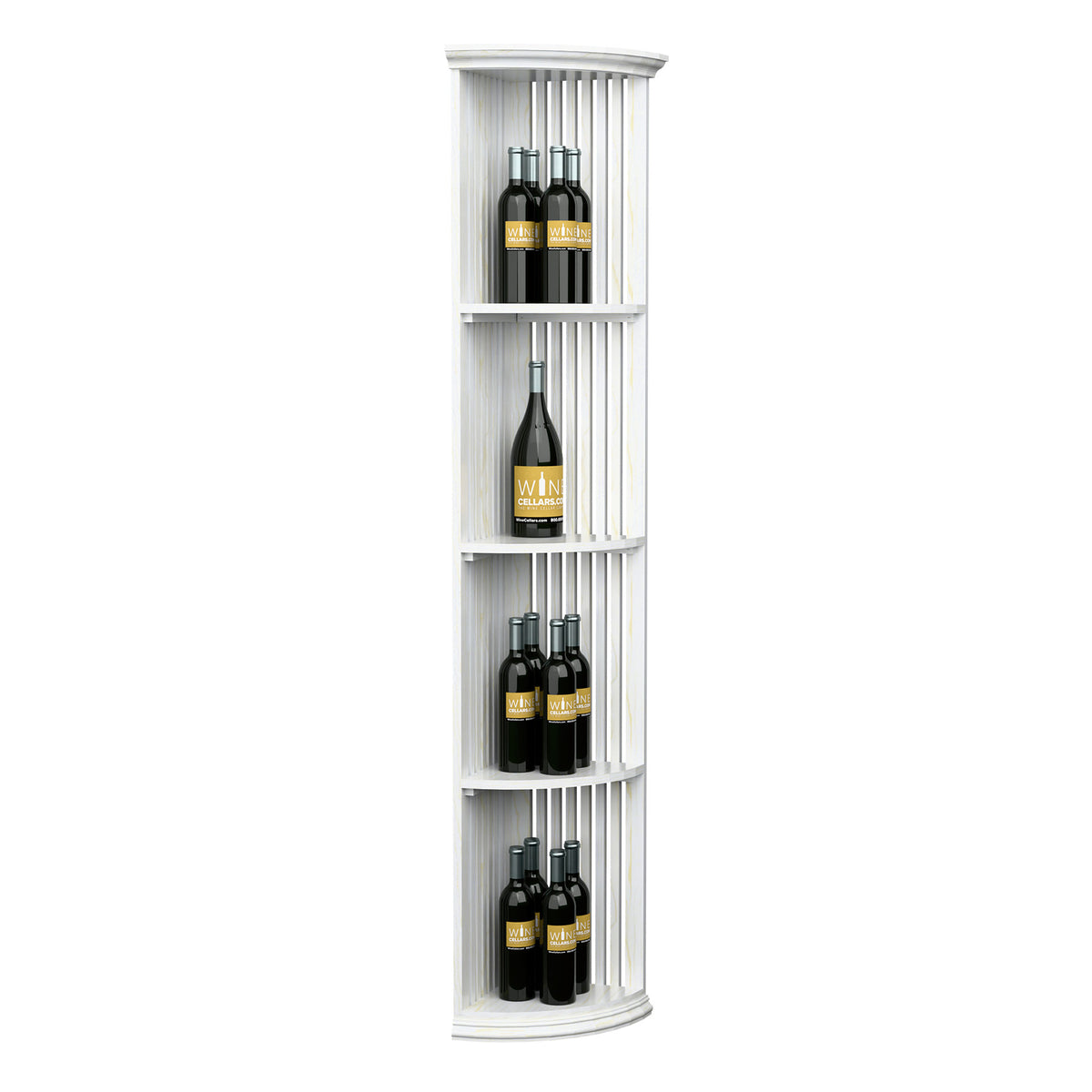 White lattice quarter round shelf with round base, tall 3-tier bottle storage unit.