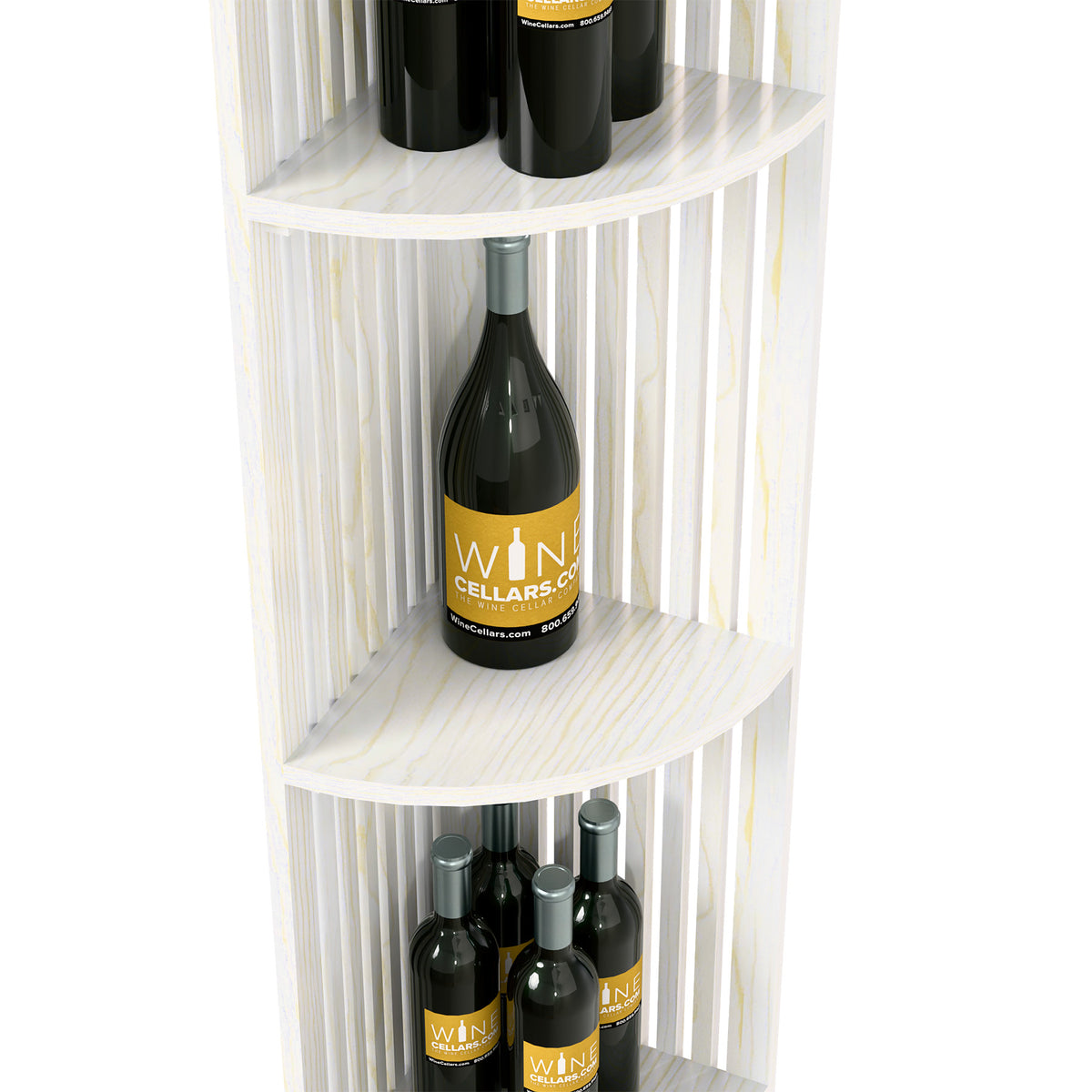 White lattice quarter round shelf, upper and lower curved shelves with wine bottles.