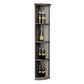 Quarter-round wine bottle shelf with lattice sides and three curved tiers, dark finish