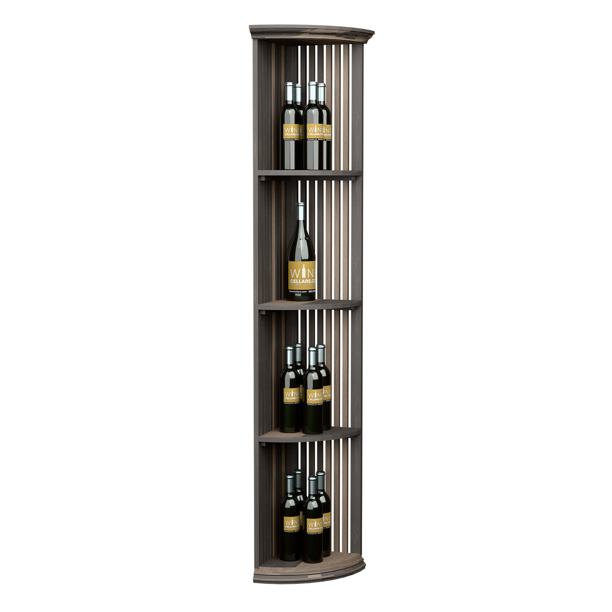 Quarter-round wine bottle shelf with lattice sides and three curved tiers, dark finish