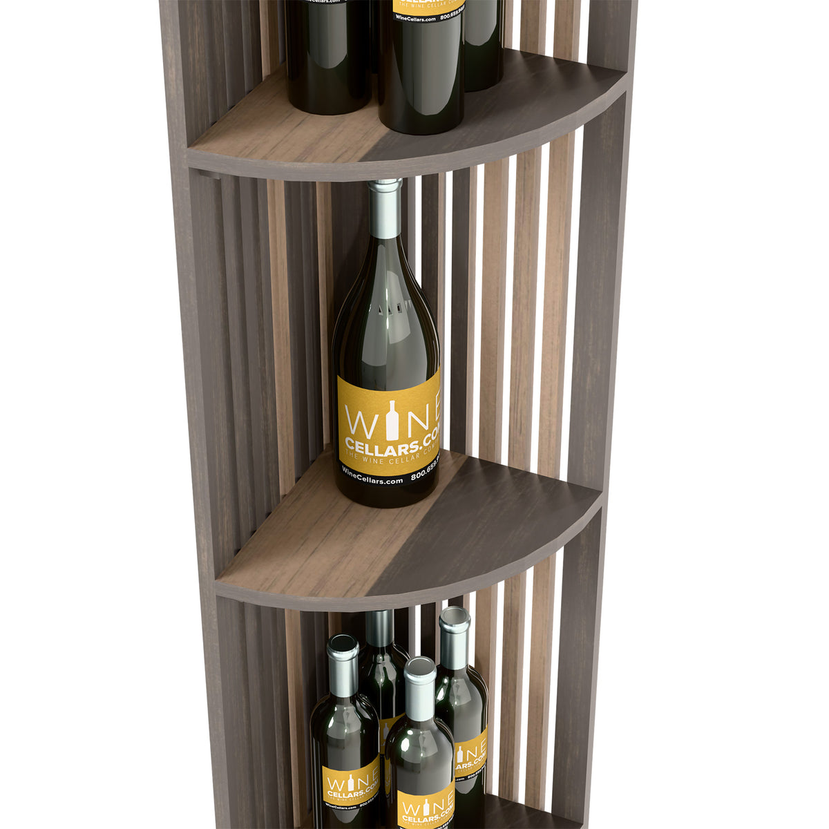 Quarter-round wine shelf with curved top and middle tier, holding a wine bottle, dark