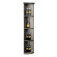 Quarter-round wine bottle shelf on round base, lattice-style slats, three tiers, dark finish