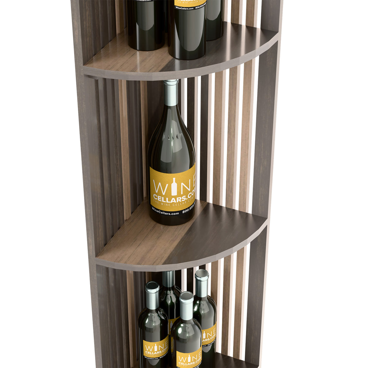 Quarter-round wine bottle shelf with two curved shelves, lattice slats, dark finish