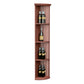 Quarter-round wine bottle shelf with lattice sides and three curved tiers, reddish wood finish