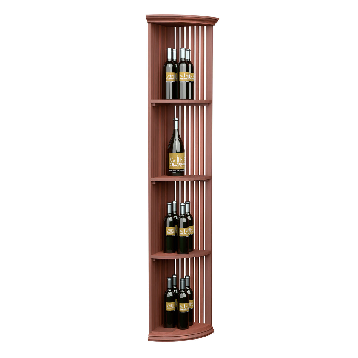 Quarter-round wine bottle shelf with lattice sides and three curved tiers, reddish wood finish