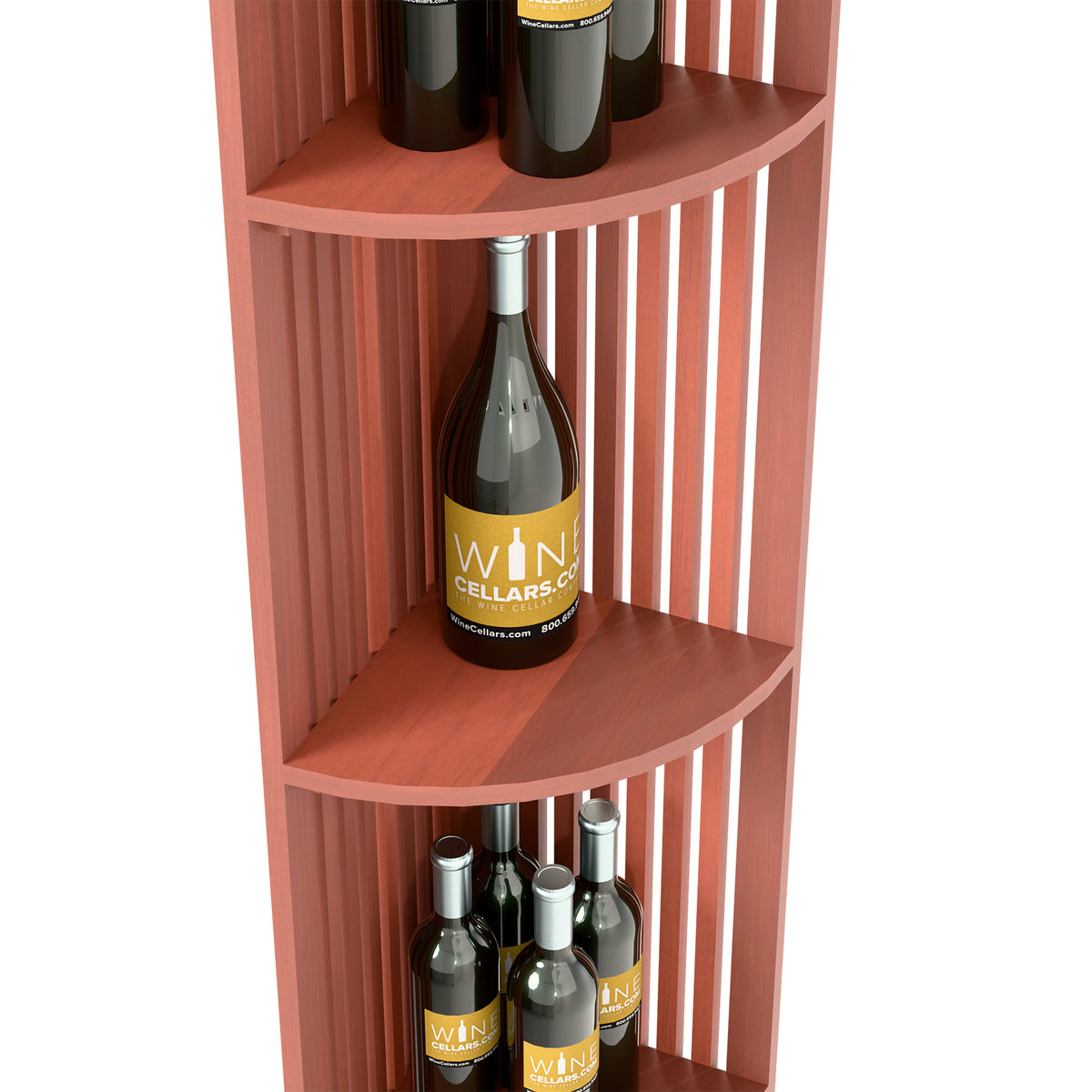Quarter-round wine shelf with curved shelves holding bottles, reddish wood lattice sides
