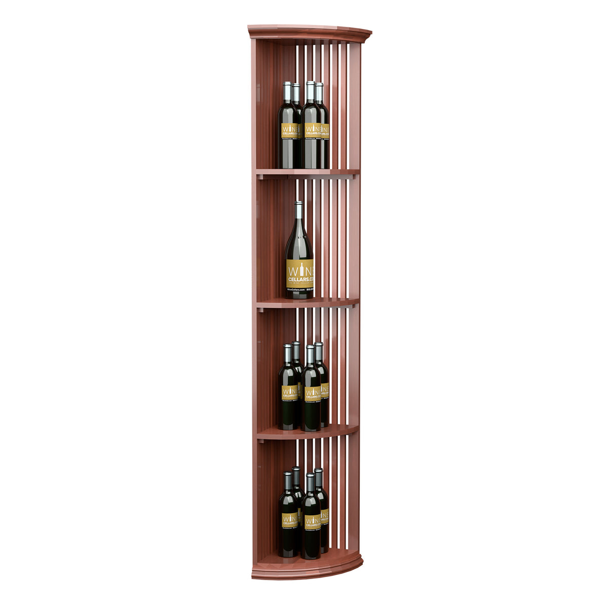 Quarter-round wine bottle shelf on round base, lattice slats and three tiers, reddish finish