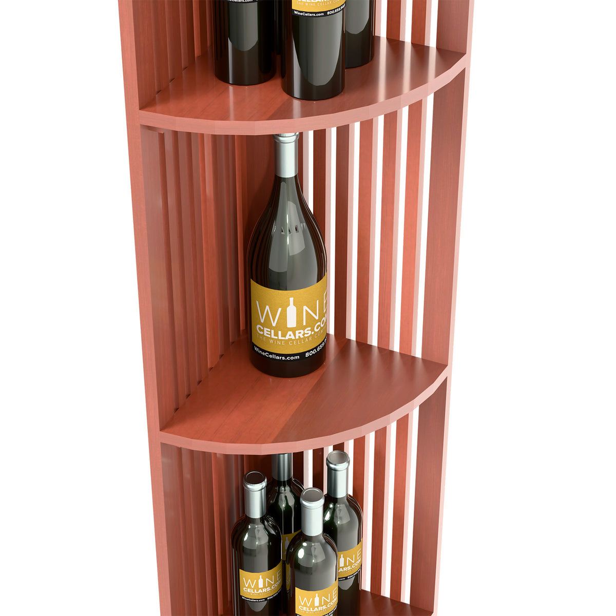 Quarter-round wine bottle shelf with two curved tiers and lattice slats, reddish wood