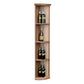 Quarter-round wine bottle shelf with lattice sides and three curved tiers, light wood finish