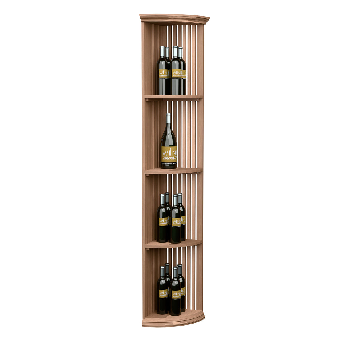 Quarter-round wine bottle shelf with lattice sides and three curved tiers, light wood finish