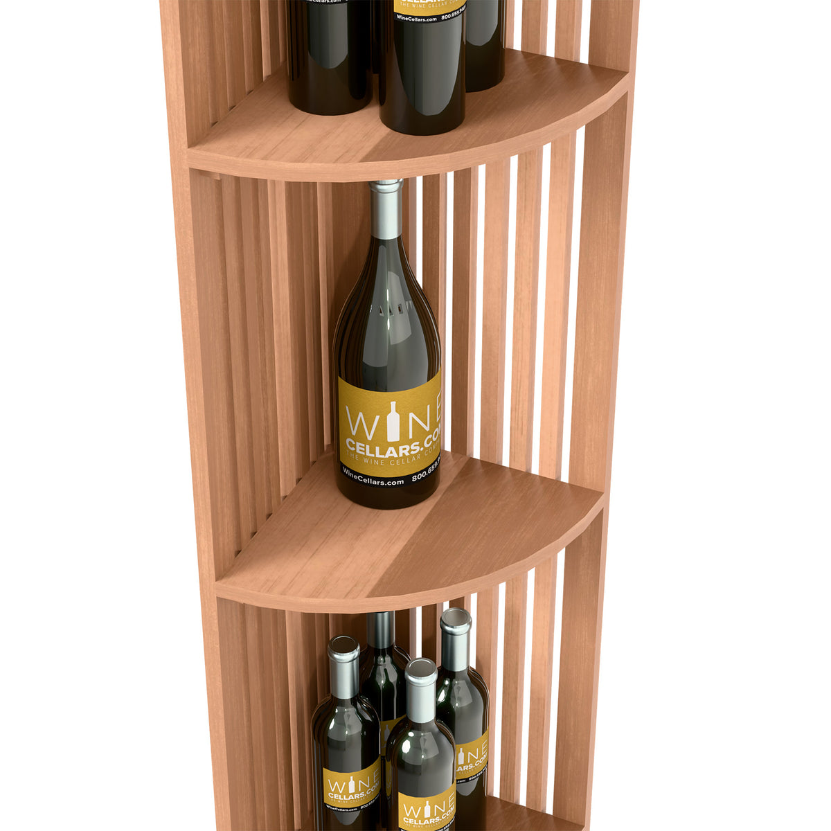 Quarter-round wine shelf with curved shelves holding bottles, light wood lattice sides