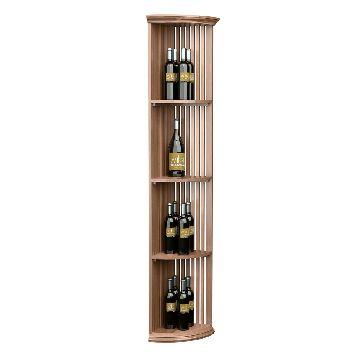 Natural wood lattice quarter-round shelf with three tiers and round base