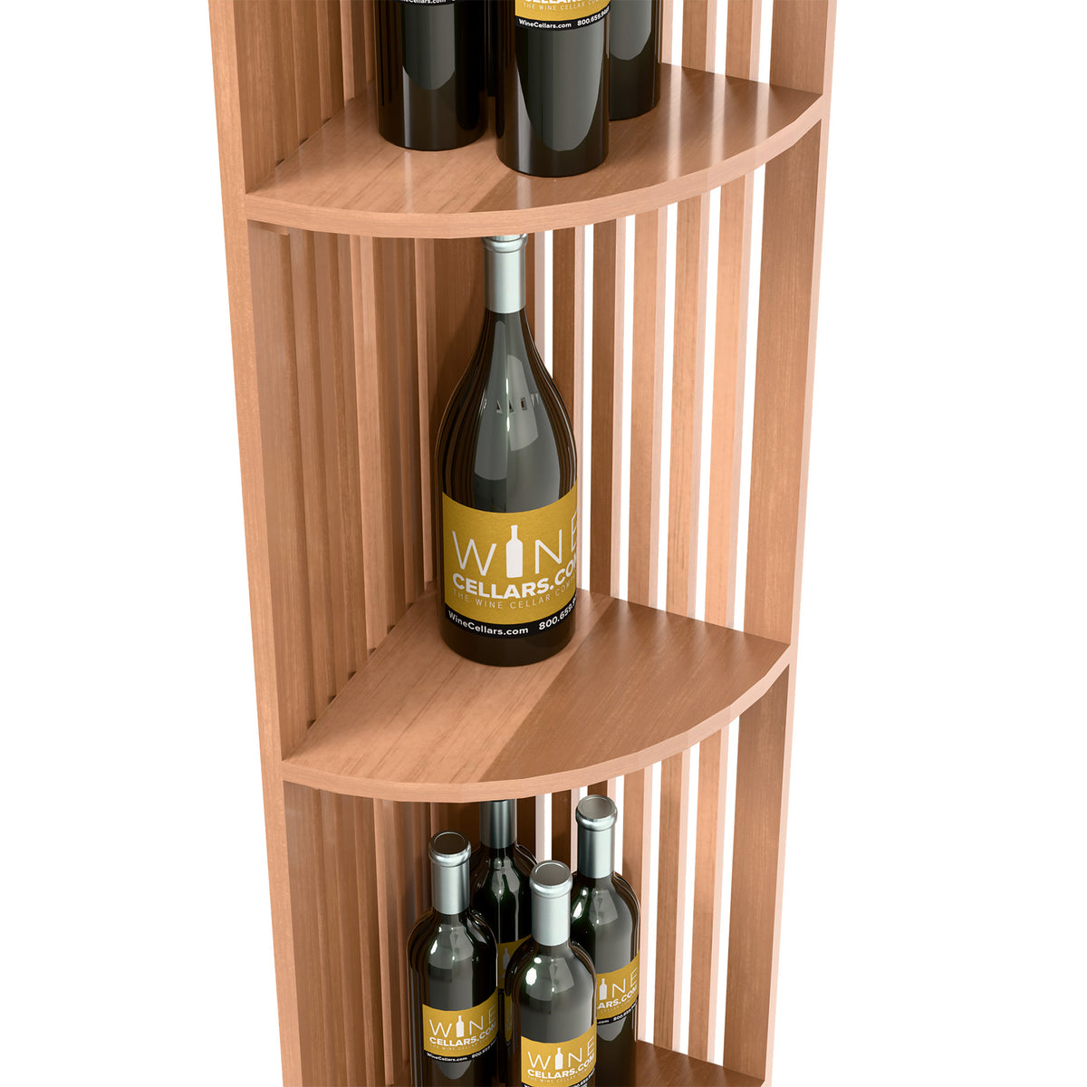 Natural wood quarter-round shelf corner unit with curved upper and middle shelves