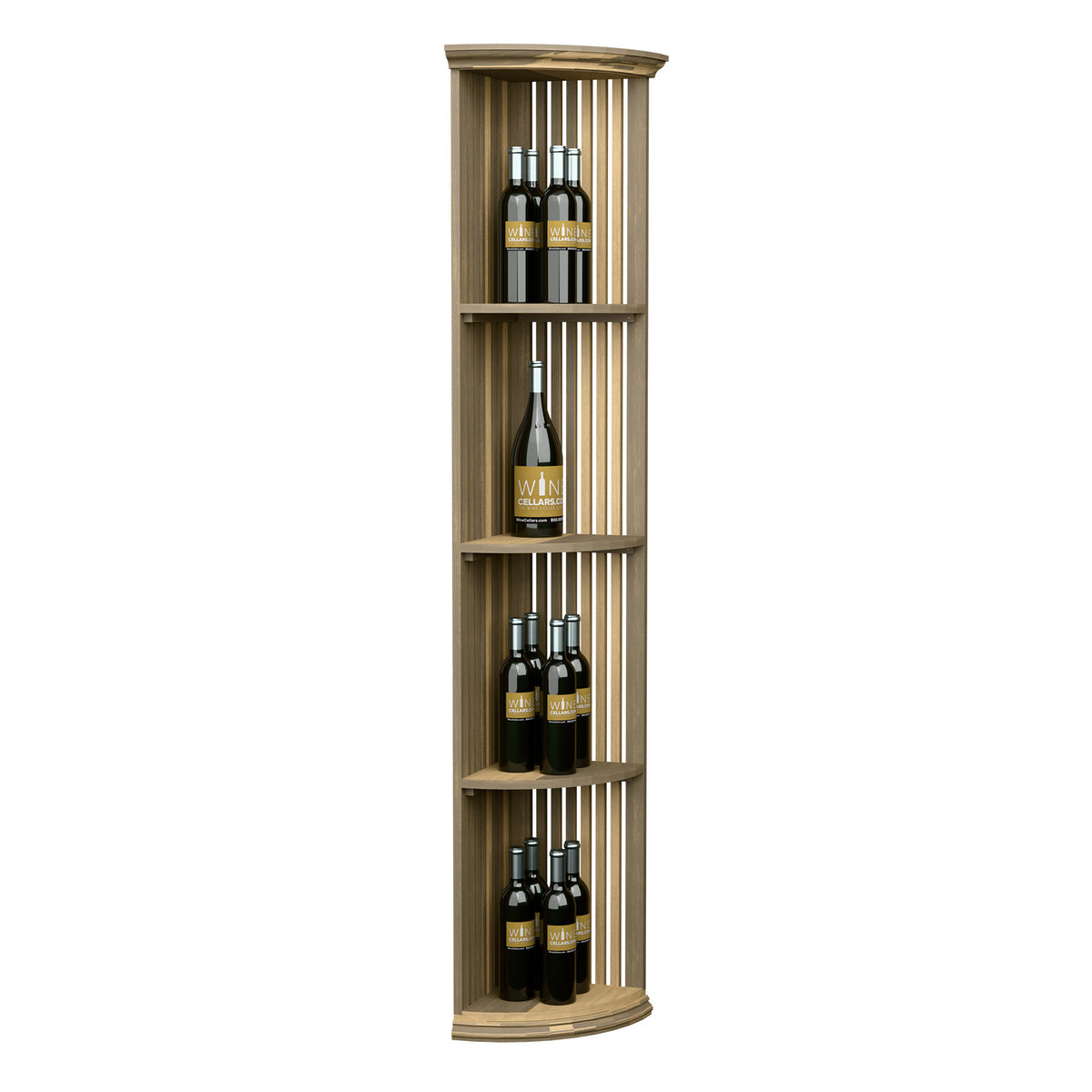 Natural wood quarter-round wine shelf with lattice sides and three bottle shelves