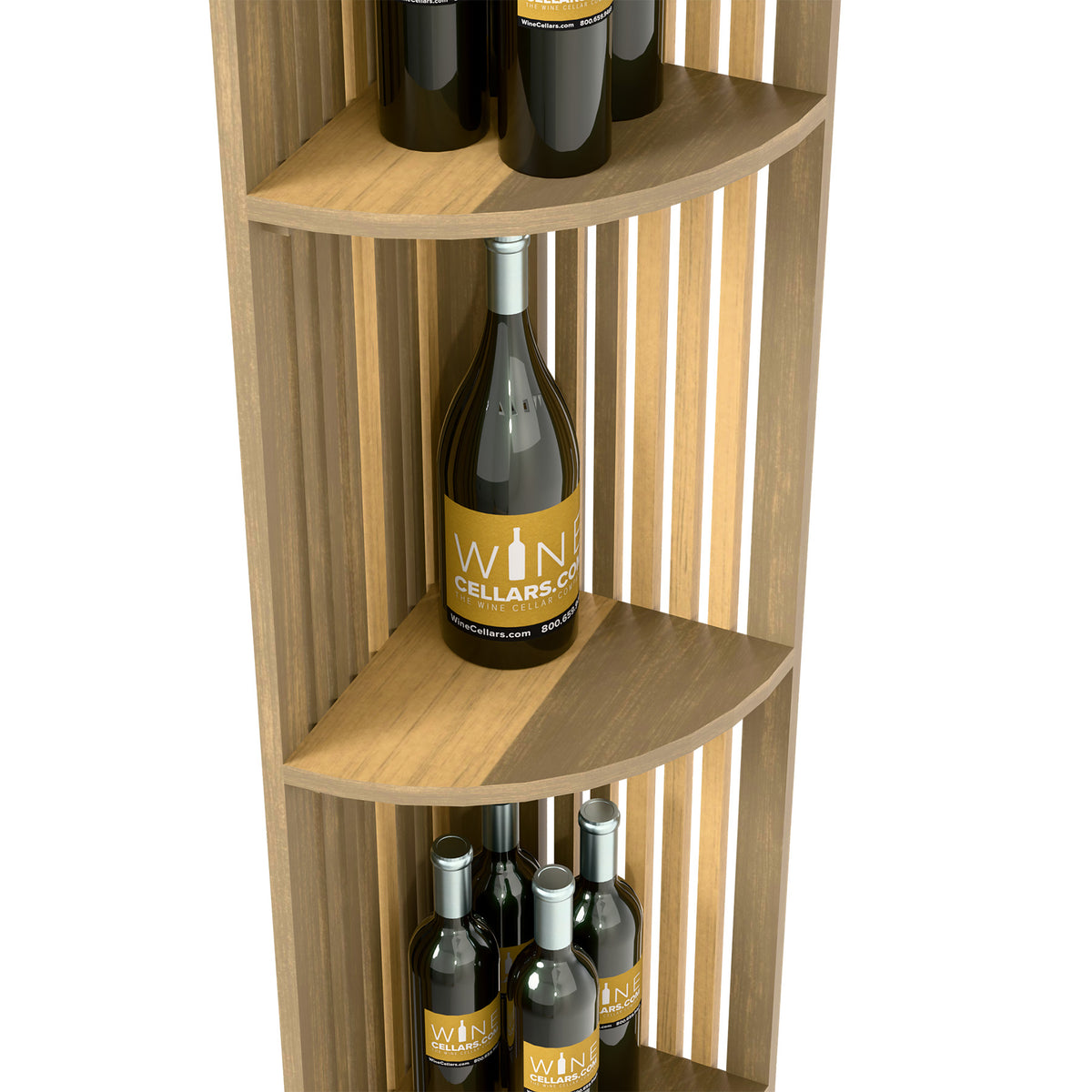 Natural wood lattice quarter-round shelf with two curved shelves and round base