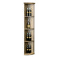 Natural wood standing quarter-round shelf with lattice frame and three bottle shelves