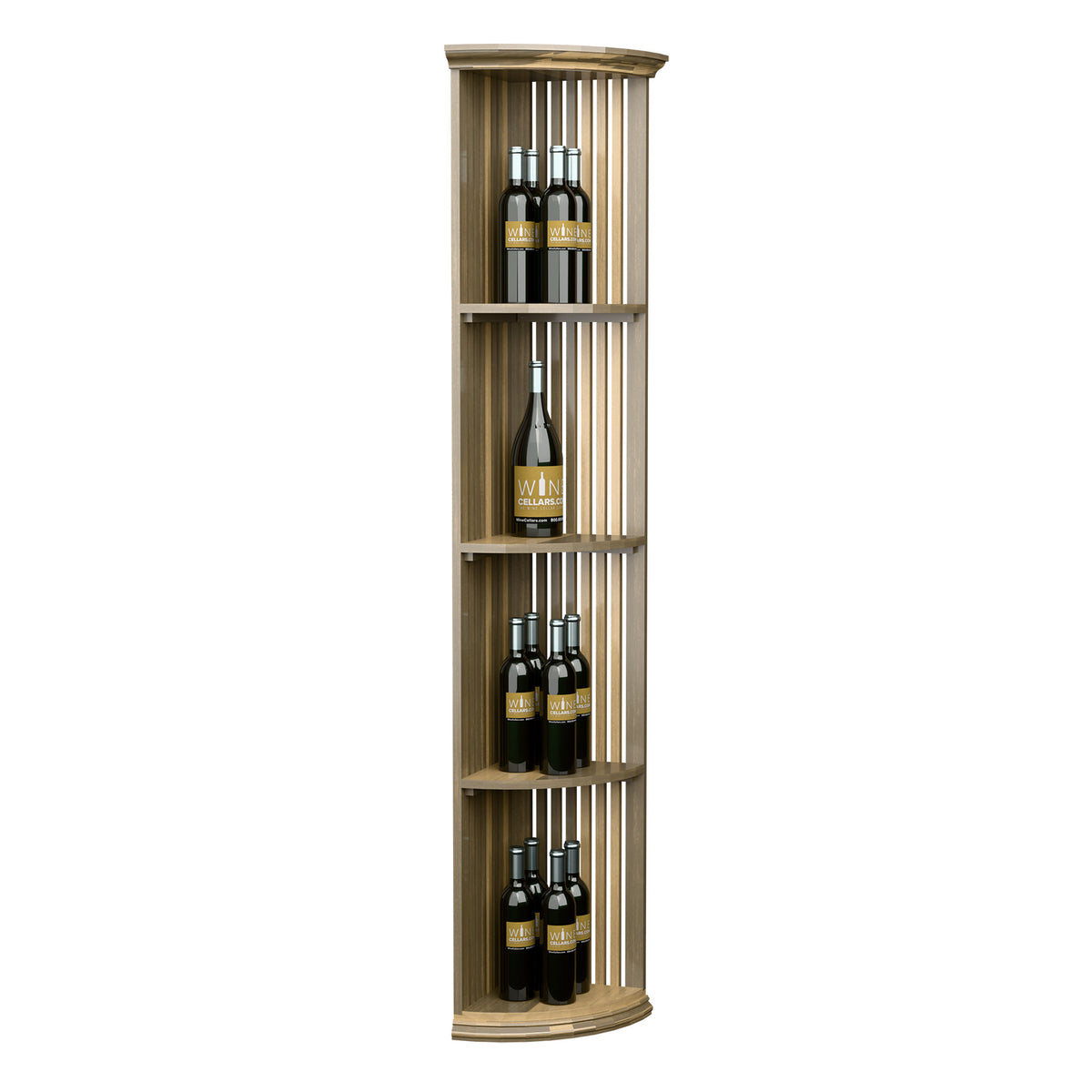 Natural wood standing quarter-round shelf with lattice frame and three bottle shelves