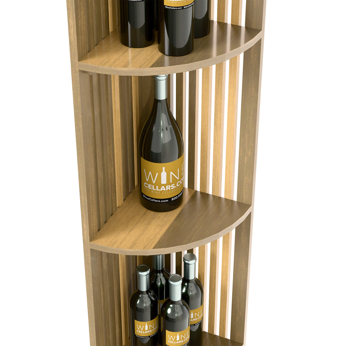 Natural wood quarter-round shelf with a bottle on the curved top shelf