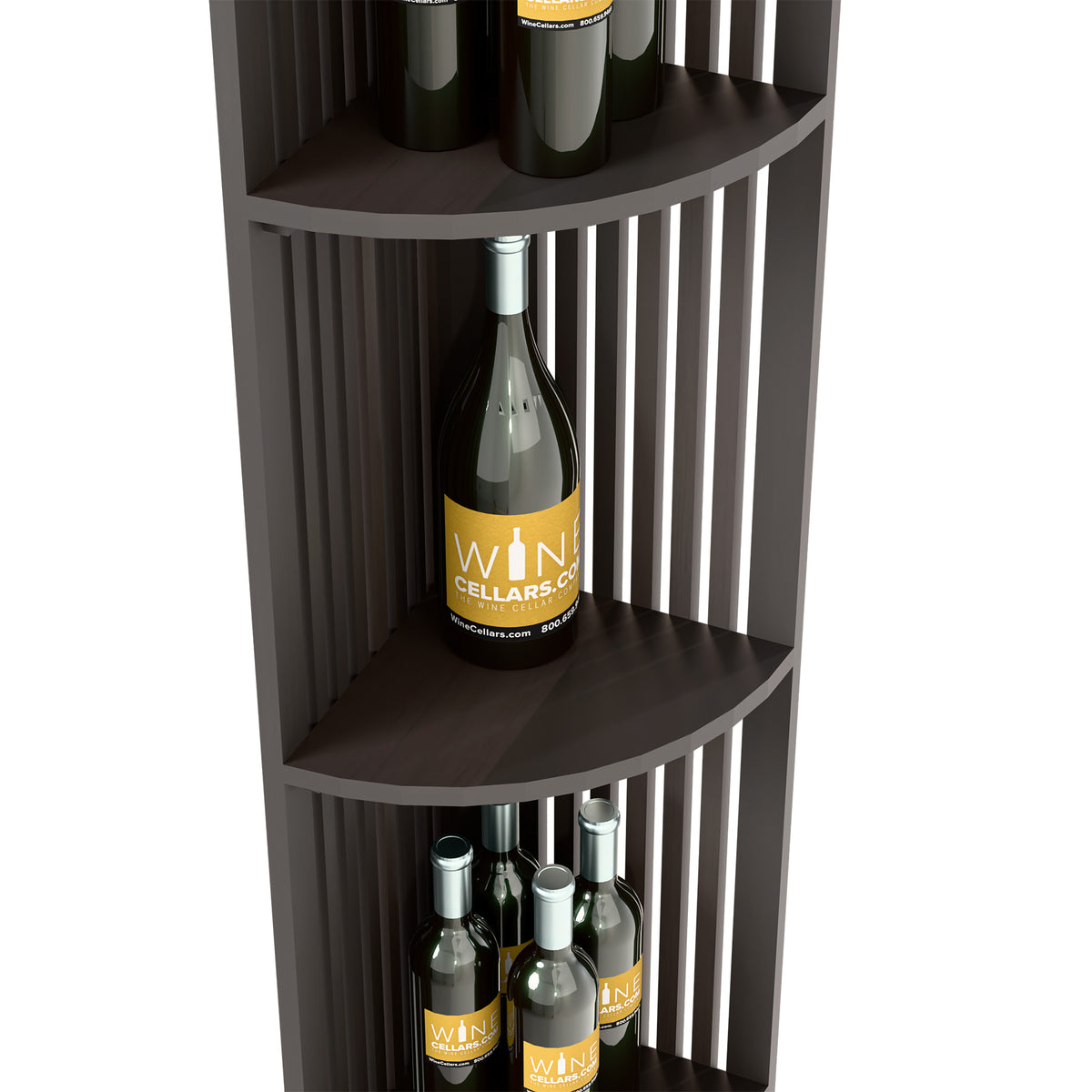 Black corner wine shelf with curved middle shelf and lattice side panels