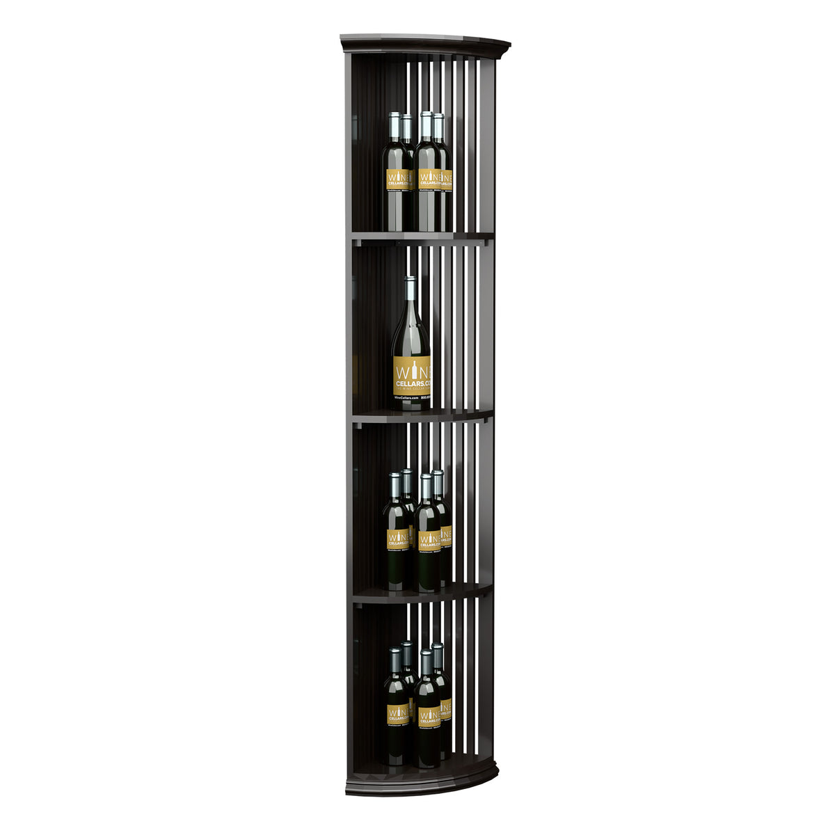Black lattice quarter-round wine shelf with tall frame and three bottle shelves