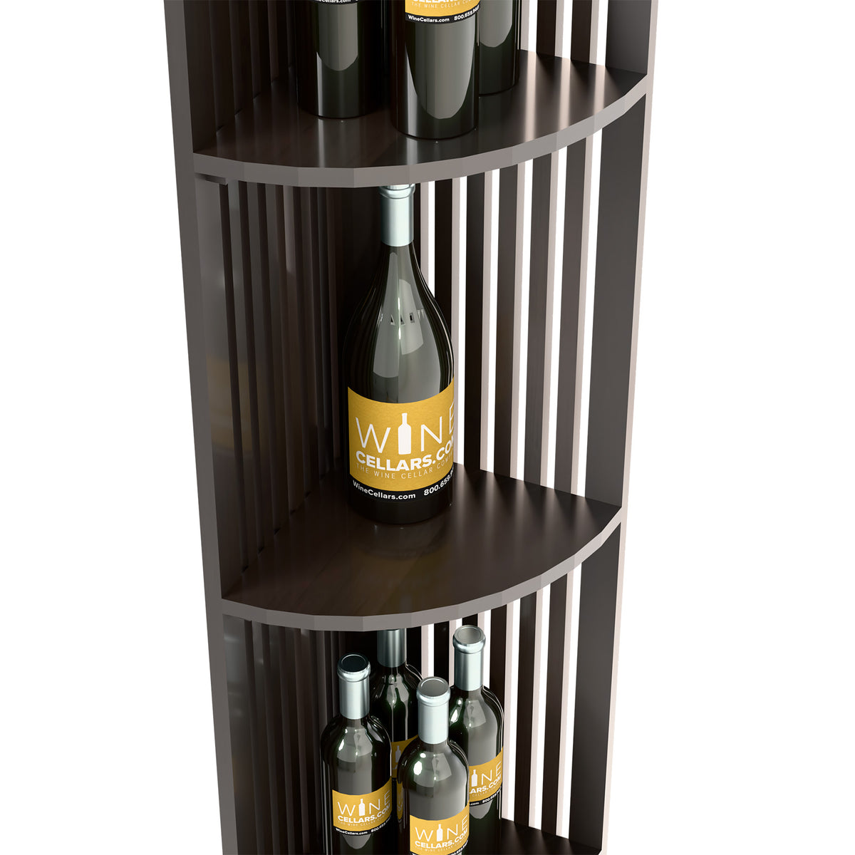 Black lattice quarter-round shelf with bottles on curved upper and lower shelves