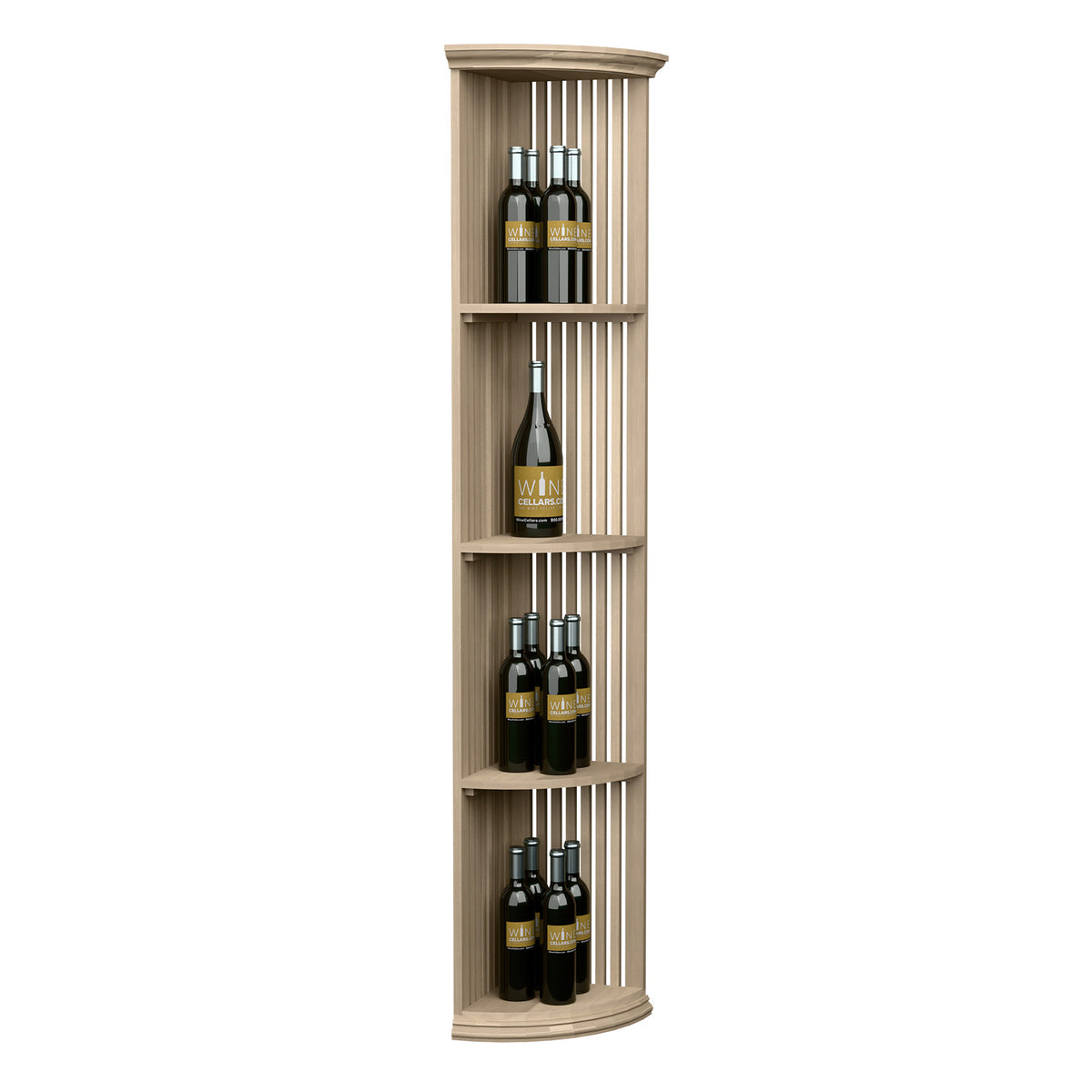 Light wood quarter-round wine shelf with round base, vertical slat sides, 4 bottle tiers.