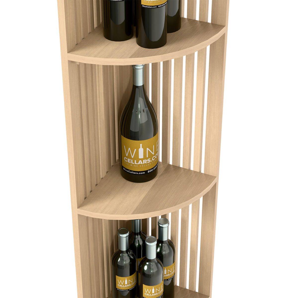 Light wood quarter-round wine shelf detail with curved shelves and vertical slat dividers.