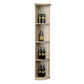 Light wood tall quarter-round wine shelf with round base and vertical lattice-style sides.