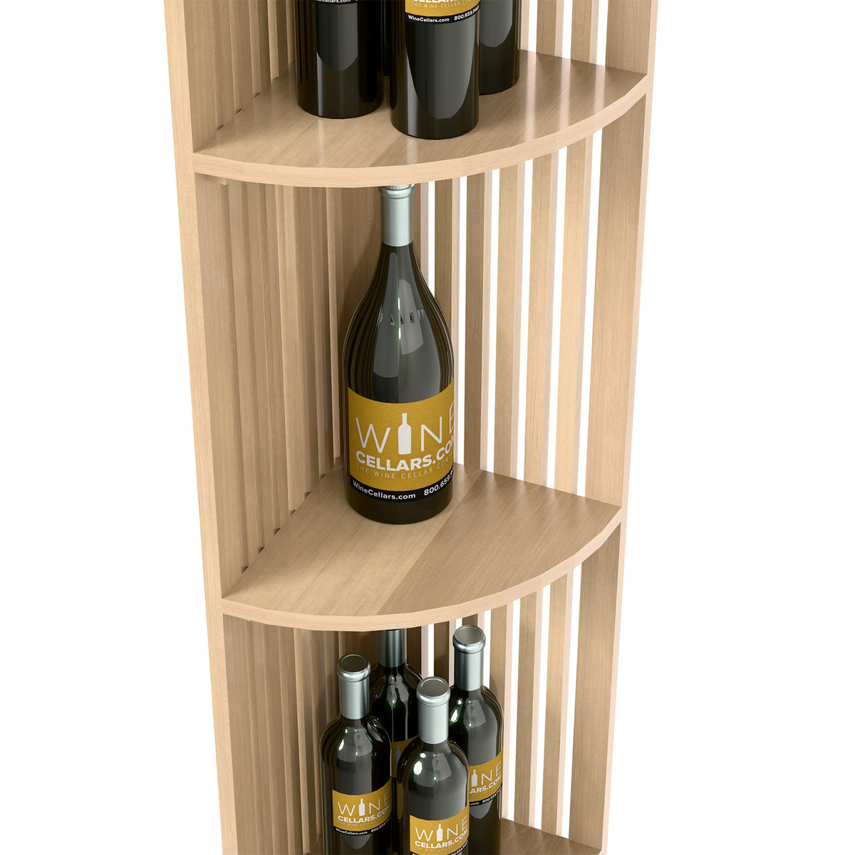 Light wood quarter-round wine shelf with curved shelves and vertical slat paneling.