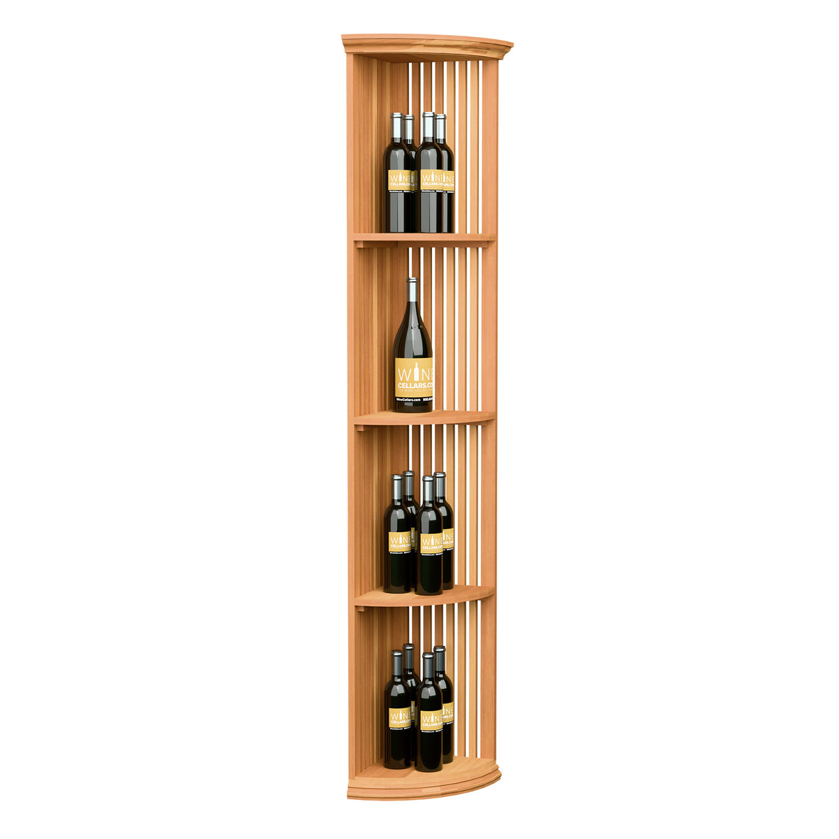 Warm wood quarter-round wine shelf with round base, vertical slat sides, 4 bottle tiers.