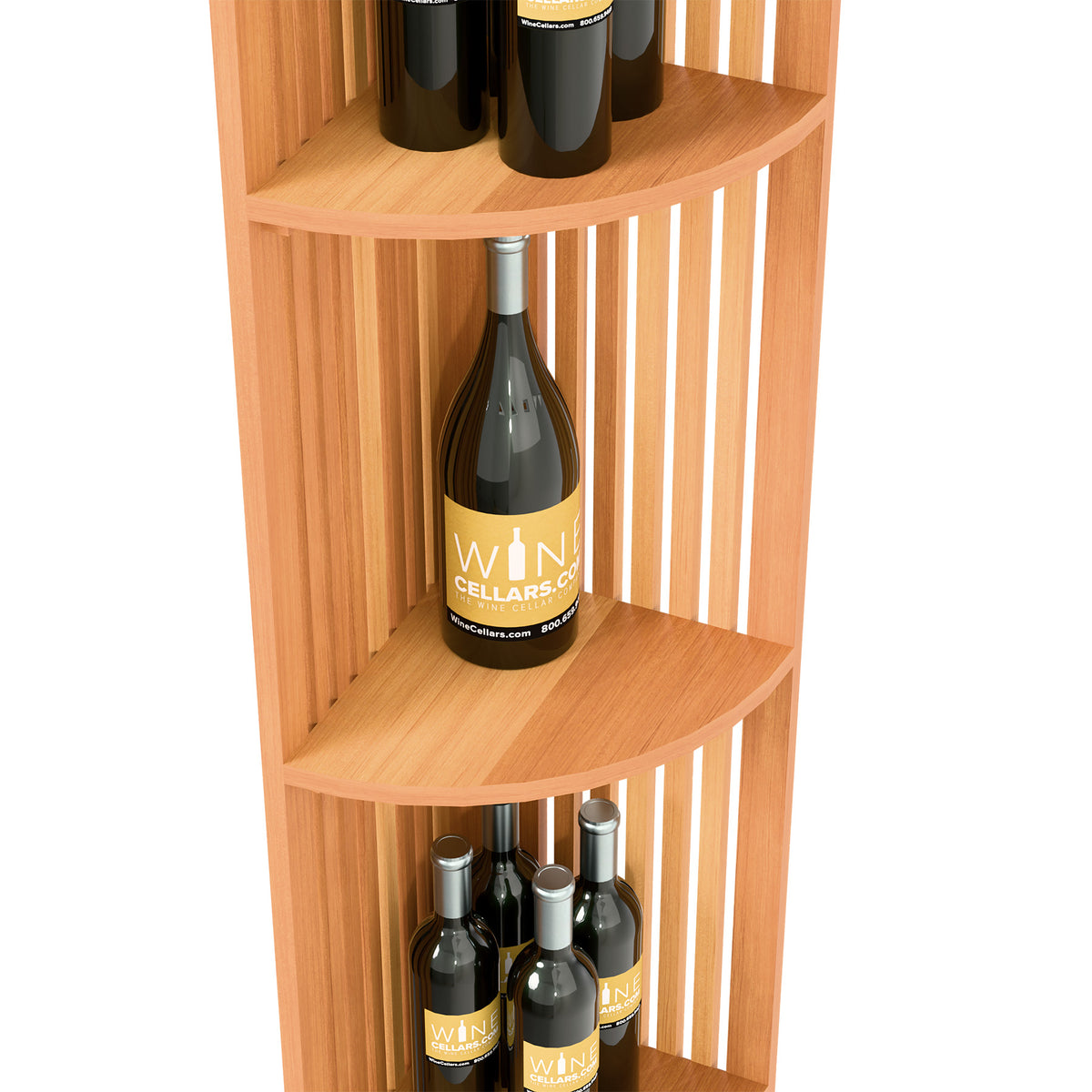 Warm wood quarter-round wine shelf detail with curved shelves and vertical slat dividers.