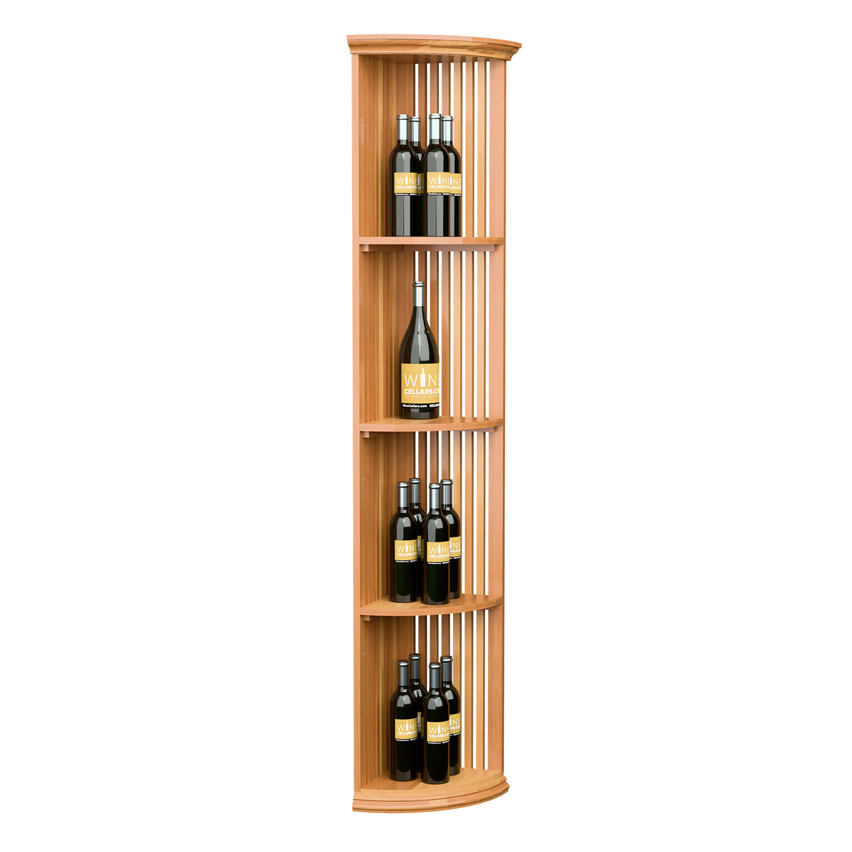 Warm wood tall quarter-round wine shelf with round base and vertical lattice-style sides.