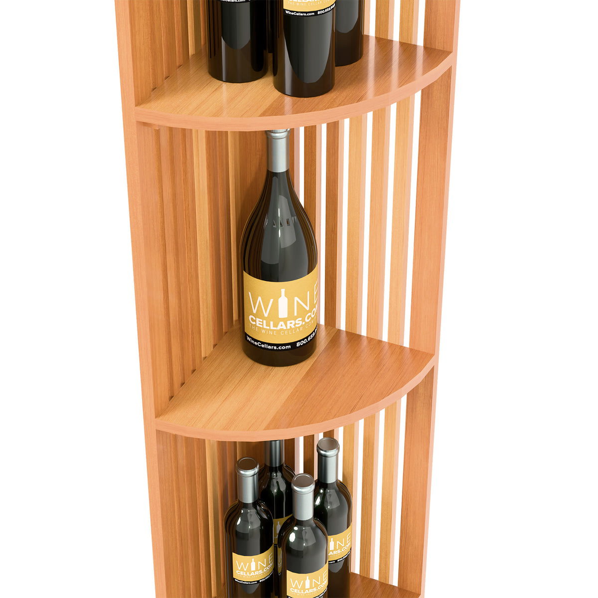 Warm wood quarter-round wine shelf with curved shelves and vertical slat paneling.