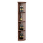 Dark wood quarter-round wine shelf with round base and vertical lattice-style sides.