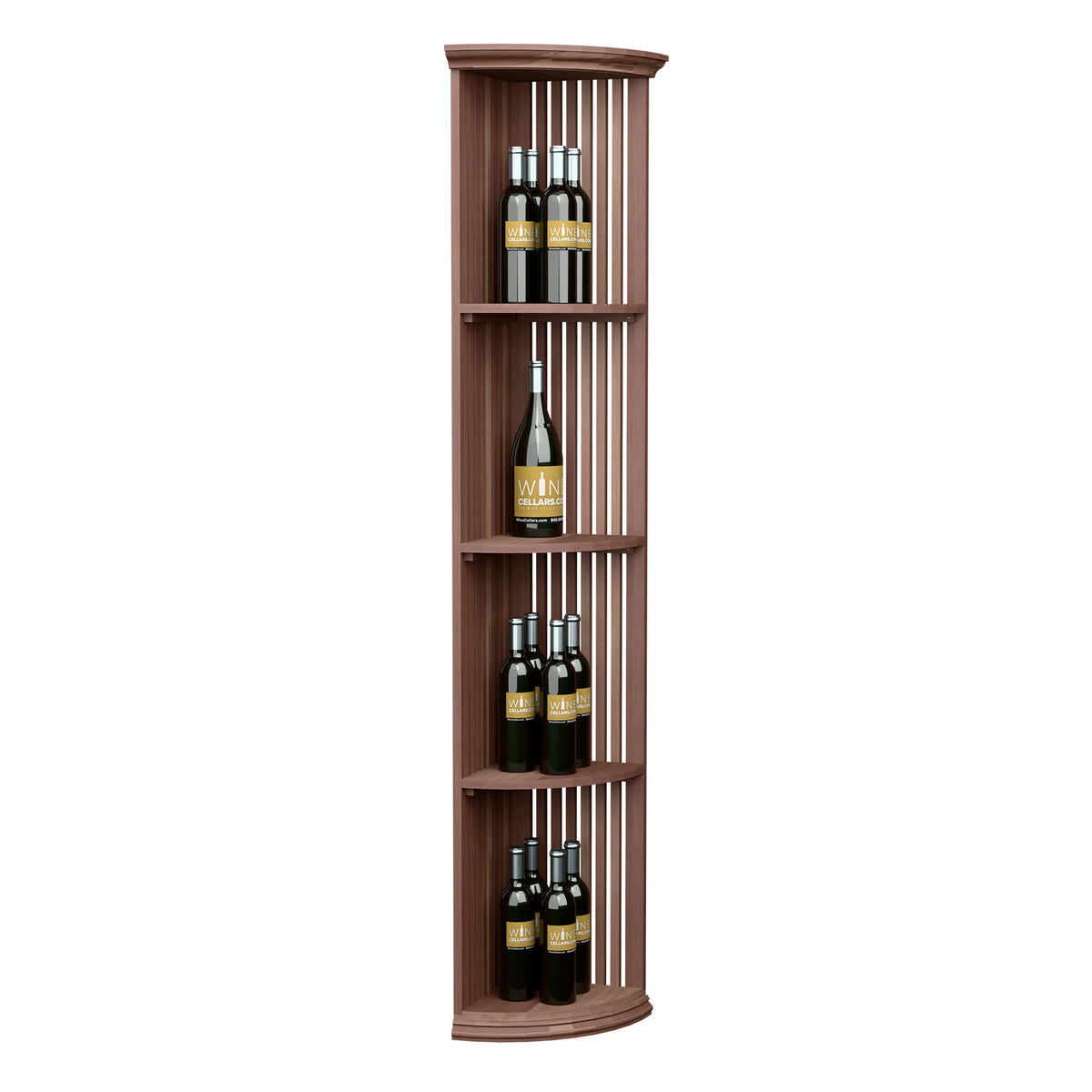 Dark wood quarter-round wine shelf with round base and vertical lattice-style sides.