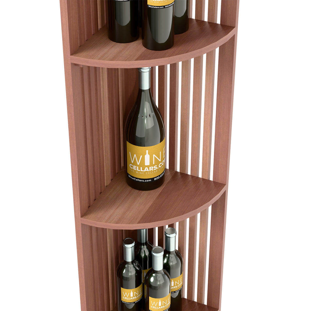 Dark wood quarter-round wine shelf detail with curved shelves and vertical slat dividers.