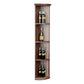 Tall quarter-round wine rack with lattice sides, three curved shelves, dark wood finish