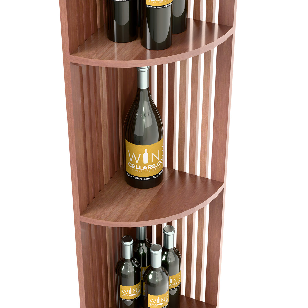 Quarter-round wine rack shelf section with vertical lattice dividers, dark wood