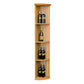 Tall quarter-round wine rack with round base, lattice sides, three curved shelves, light wood