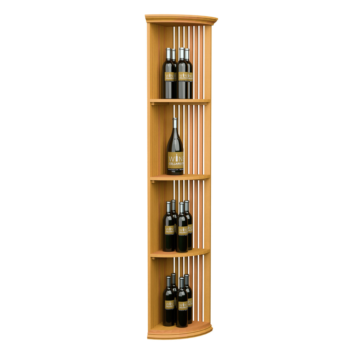 Tall quarter-round wine rack with round base, lattice sides, three curved shelves, light wood