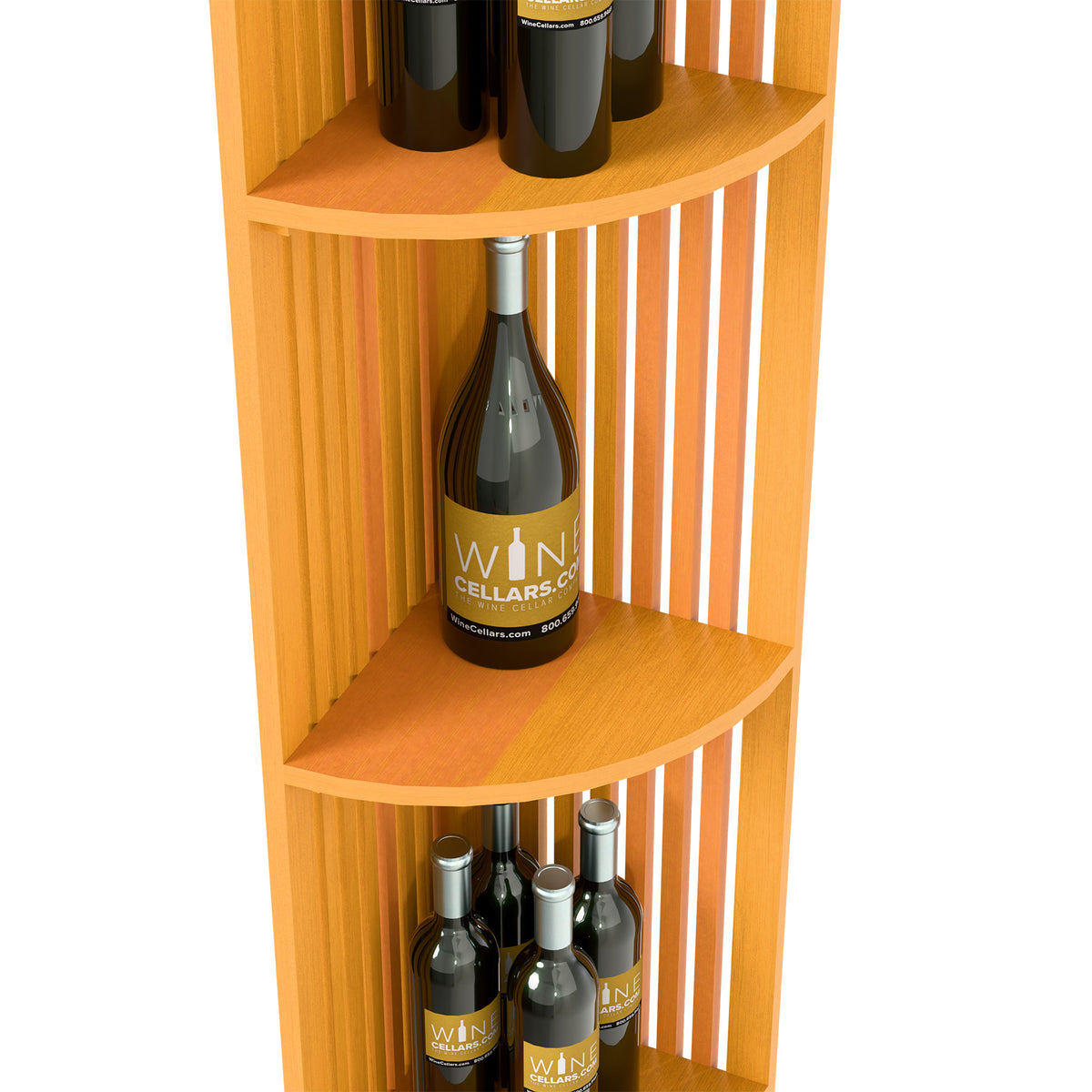 Two-tier curved shelves of quarter-round wine rack with vertical lattice, light wood